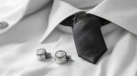 Close-up view of an elegant men's dress shirt with a black tie and stylish cufflinks, showcasing sophisticated fashion choices for formal events and weddings.の素材