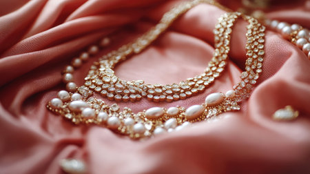 A stunning collection of elegant jewelry featuring golden necklaces and pearls, beautifully arranged on soft pink fabric, highlighting luxurious design and craftsmanship.の素材