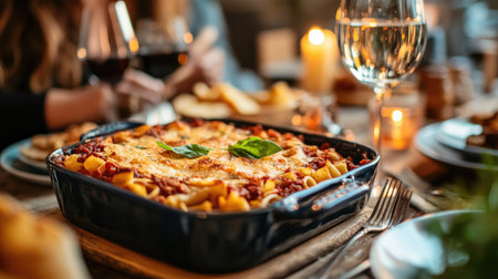 A beautifully presented pasta bake sits at the center of a cozy dinner table, surrounded by wine glasses and soft candlelight, creating a warm atmosphere for sharing.の素材