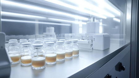 A modern laboratory scene featuring glass vials with liquid samples arranged on a clean bench, alongside advanced pharmaceutical equipment in a sterile environment, ideal for scientific research and testing.の素材