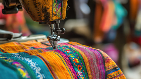 A vintage sewing machine showcases vibrant textiles as an artisan creates stunning embroidered pieces. Capturing the essence of traditional craftsmanship and creativity.の素材
