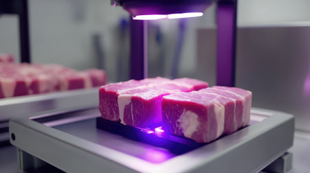 A close-up view of fresh meat cuts undergoing inspection under ultraviolet light in a processing facility, highlighting advanced food safety measures and technology.の素材