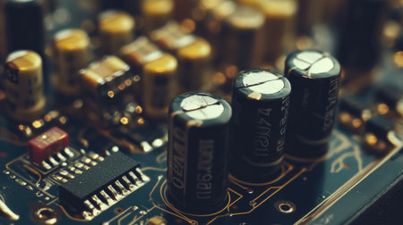 This close-up image showcases electronic circuit board components, highlighting capacitors and intricate details, perfect for technology and engineering projects.の素材