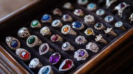 Discover an exquisite collection of vintage rings featuring various gemstones, set in ornate designs. Ideal for jewelry enthusiasts and vintage lovers.の素材