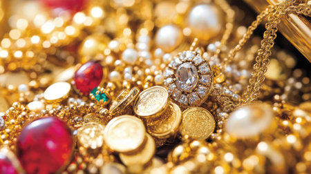 A stunning assortment of vintage jewelry featuring gold coins, sparkling gemstones, and elegant necklaces. Perfect for themes of luxury and treasure.の素材