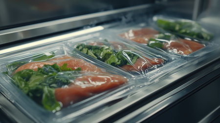 Fresh salmon fillets are beautifully packaged with vibrant green leafy vegetables, showcasing the convenience of healthy meal preparation in modern kitchens.の素材