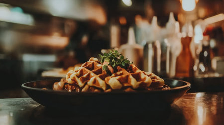 A beautifully presented plate of delicious waffles garnished with herbs, capturing the cozy ambiance of a restaurant kitchen, perfect for food lovers.の素材