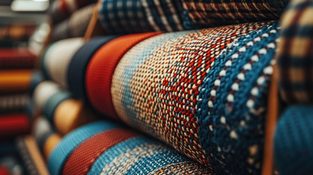A visually appealing collection of colorful textiles displayed in rolls at a fabric store. Ideal for crafting, interior design, and artistic projects.の素材