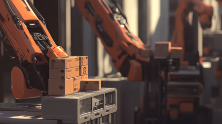 Modern warehouse showcasing advanced robotic arms stacking packages, illustrating the efficiency and innovation in industrial automation technology and logistics processes.の素材