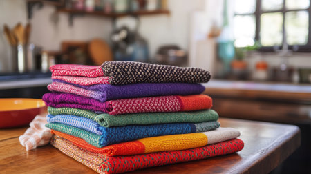 A vibrant stack of handwoven textiles rests on a rustic kitchen table, showcasing an array of colors and intricate patterns, perfect for home decor.の素材