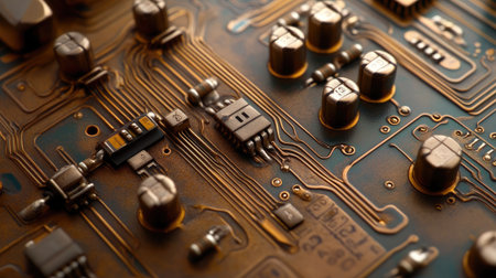 This macro image showcases a detailed view of a vintage circuit board. The intricate arrangement of components, wires, and textures reveals the engineering beauty within electronics. Perfect for technology-themed projects.の素材