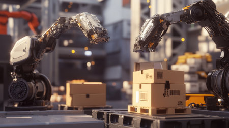 High-tech robots working in a modern warehouse, handling boxes with precision. A glimpse into the future of industrial automation and efficiency.の素材