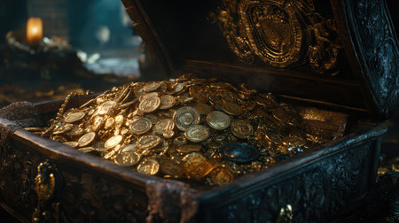 A beautifully crafted treasure chest brimming with glistening gold coins and sparkling jewels, set in a mysterious dark vault, evokes feelings of adventure and fortune.の素材