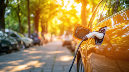 A vibrant electric car connected to a charging station in a sunlit park. The scene highlights sustainable transport amidst lush greenery, showcasing a modern eco-friendly lifestyle.の素材