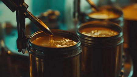 Close-up view of a golden liquid being carefully poured into a jar in a workshop, showcasing the intricate process of crafting natural products.の素材