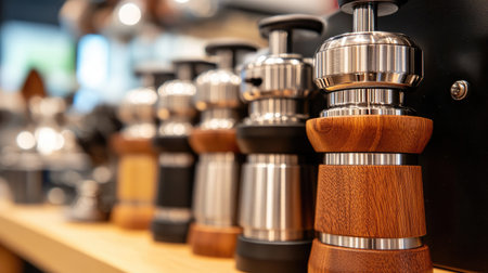 A collection of modern pepper grinders displayed in a stylish kitchen. These grinders feature wood and stainless steel, perfect for enhancing culinary experiences.の素材