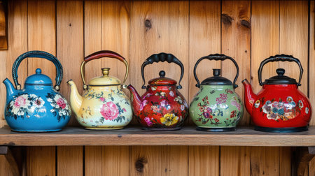 A vibrant array of vintage teapots featuring floral designs displayed on a rustic wooden shelf. Perfect for home decor and tea enthusiasts, showcasing craftsmanship.の素材