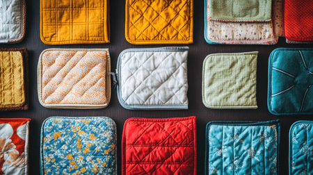 A vibrant collection of colorful quilted potholders displayed on a wooden tabletop, showcasing various designs and textures perfect for kitchen decor and practical use.の素材