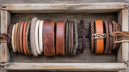 A beautifully arranged collection of leather bracelets and bands on a rustic wooden tray. Each piece showcases unique craftsmanship and stylish design.の素材