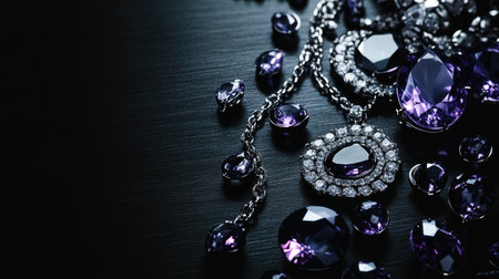 A stunning arrangement of elegant purple gemstones and jewelry pieces reflecting light on a dark surface, perfect for showcasing luxury and beauty.の素材
