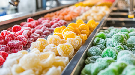 A vibrant and colorful array of sugared fruit gummies displayed on a production line. The bright hues and textures create an appealing visual for candy lovers.の素材