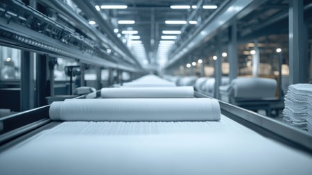 A detailed view of a modern fabric production line showcasing white rolls of textile materials moving along a conveyor in a streamlined manufacturing environment.の素材