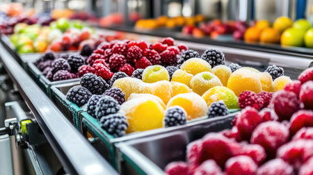A vibrant display of freshly harvested fruits showcasing a colorful arrangement of berries, apples, and lemons in a lively market environment.の素材