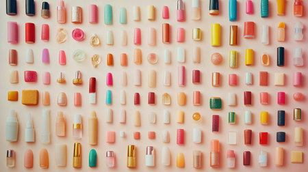 This vibrant arrangement showcases a stunning collection of nail polish bottles in diverse colors and styles, perfect for beauty enthusiasts and salons.の素材