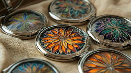 This image showcases an exquisite collection of compact mirrors featuring intricate floral designs, highlighting vibrant colors on a soft textile surface.の素材