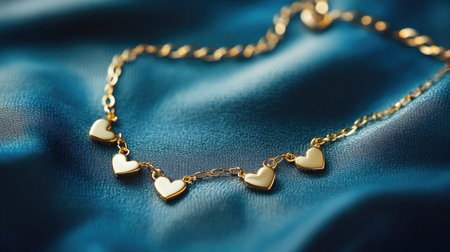 This beautiful gold heart necklace rests elegantly on soft blue fabric, showcasing its delicate design and perfect shine. Ideal for fashion and accessory lovers.の素材