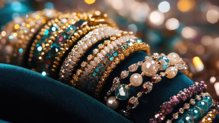 A stunning assortment of bracelets adorned with colorful gemstones rests on a soft velvet surface, illuminated by shimmering bokeh lights, creating a luxurious ambiance.の素材