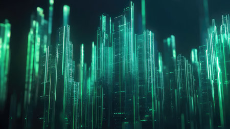 This captivating image features abstract green vertical lines creating a futuristic digital landscape. The neon glow and layered design evoke a sense of advanced technology and innovation.の素材