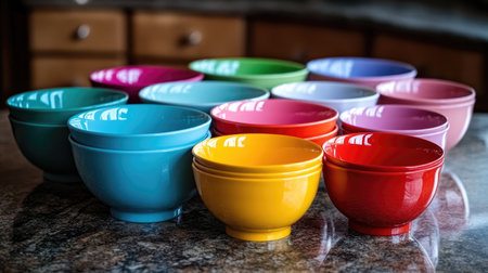 A vibrant collection of colorful ceramic bowls arranged on a kitchen countertop. The shiny, round bowls showcase a playful design, enhancing kitchen aesthetics.の素材