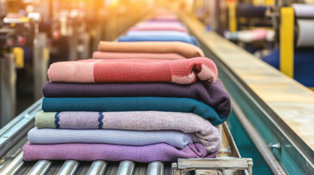 A vibrant collection of colorful fabrics stacked neatly on a conveyor belt in a textile factory. Soft textures and various shades create an appealing sight, showcasing efficient manufacturing processes.の素材