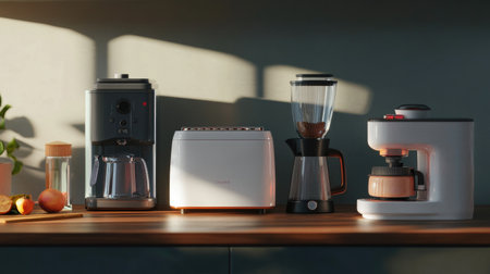 A well-lit scene featuring modern kitchen appliances including a toaster, coffee maker, and blender on a wooden countertop. The natural light adds warmth to this stylish, minimalist kitchen setup.の素材