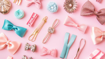 A vibrant collection of assorted hair accessories featuring bows, clips, and pins in pastel colors arranged aesthetically on a pink background. Perfect for fashion lovers.の素材