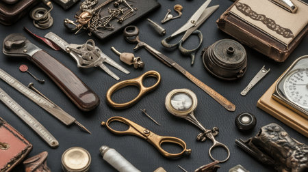 A captivating arrangement of vintage tools and accessories showcasing various elements of craftsmanship. Ideal for creative projects and artistic inspirations.の素材
