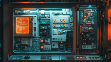 This image showcases a detailed futuristic control panel featuring vibrant neon lights and complex electronic interfaces. It embodies innovation in technology and design.の素材