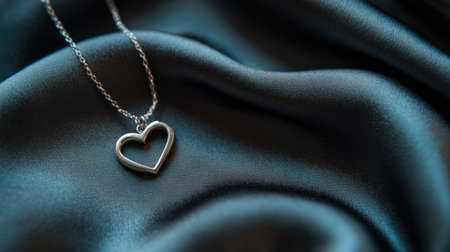 A stunning silver heart pendant necklace elegantly rests on dark silk fabric, showcasing its delicate design and craftsmanship. Perfect for expressing love or as a timeless gift.の素材