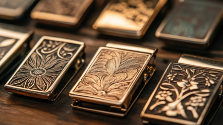 Explore a collection of vintage metal money clips showcasing intricate engravings and artistic designs, perfect for stylish financial storage and gifts.の素材