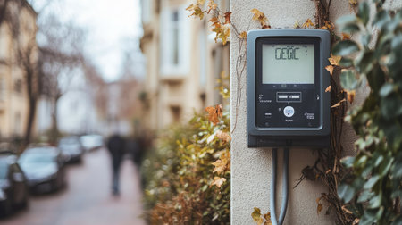 A digital meter display mounted on a wall, showcasing technology in an urban environment, with blurred figures walking along a tree-lined street in winter.の素材