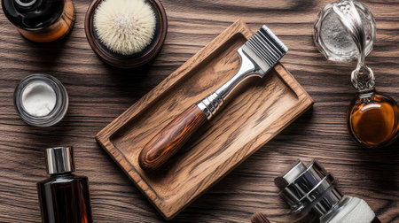A stylish arrangement of grooming tools including a razor, shaving brush, and various bottles on a wooden tray. Perfect for luxury skincare or grooming themes.の素材
