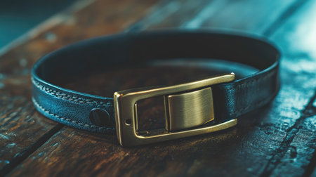 A stylish black leather belt with a shiny gold buckle rests elegantly on a rustic wooden surface, showcasing craftsmanship and timeless design, perfect for any outfit.の素材