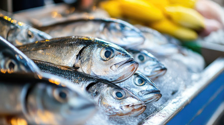 Colorful display of fresh fish at a local market, showcasing vibrant colors and textures. Bananas in the background add a tropical touch to this lively grocery scene.の素材
