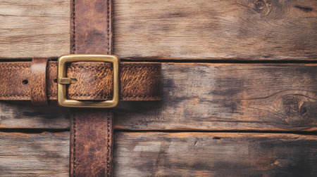 This image showcases a rustic leather belt complete with a brass buckle, set against a weathered wooden surface. Perfect for fashion and craftsmanship themes.の素材