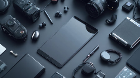 A sleek flat lay showcasing modern technology gadgets arranged on a dark surface, featuring a smartphone, tablet, cameras, headphones, and accessories, ideal for tech enthusiasts.の素材