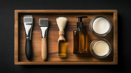 Discover a beautifully arranged set of essential grooming tools on a wooden tray, perfect for skincare and personal care routines.の素材