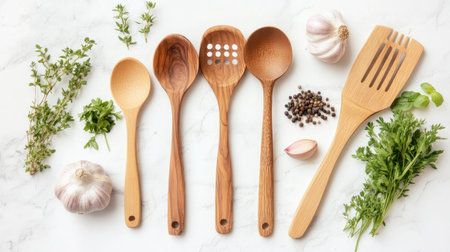 This image showcases an arrangement of wooden cooking utensils alongside fresh herbs and garlic, set on a sleek marble surface, ideal for culinary-themed projects.の素材