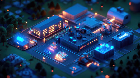 This vibrant aerial view showcases a neon-lit industrial complex at night, featuring futuristic buildings, advanced technology, and intricate designs, creating a captivating urban landscape.の素材