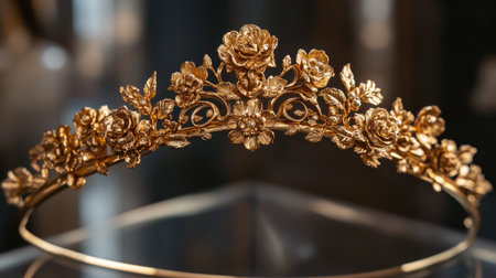 This stunning gold tiara features intricate floral designs and exquisite craftsmanship, perfect for weddings or royal events, showcasing elegance and beauty.の素材